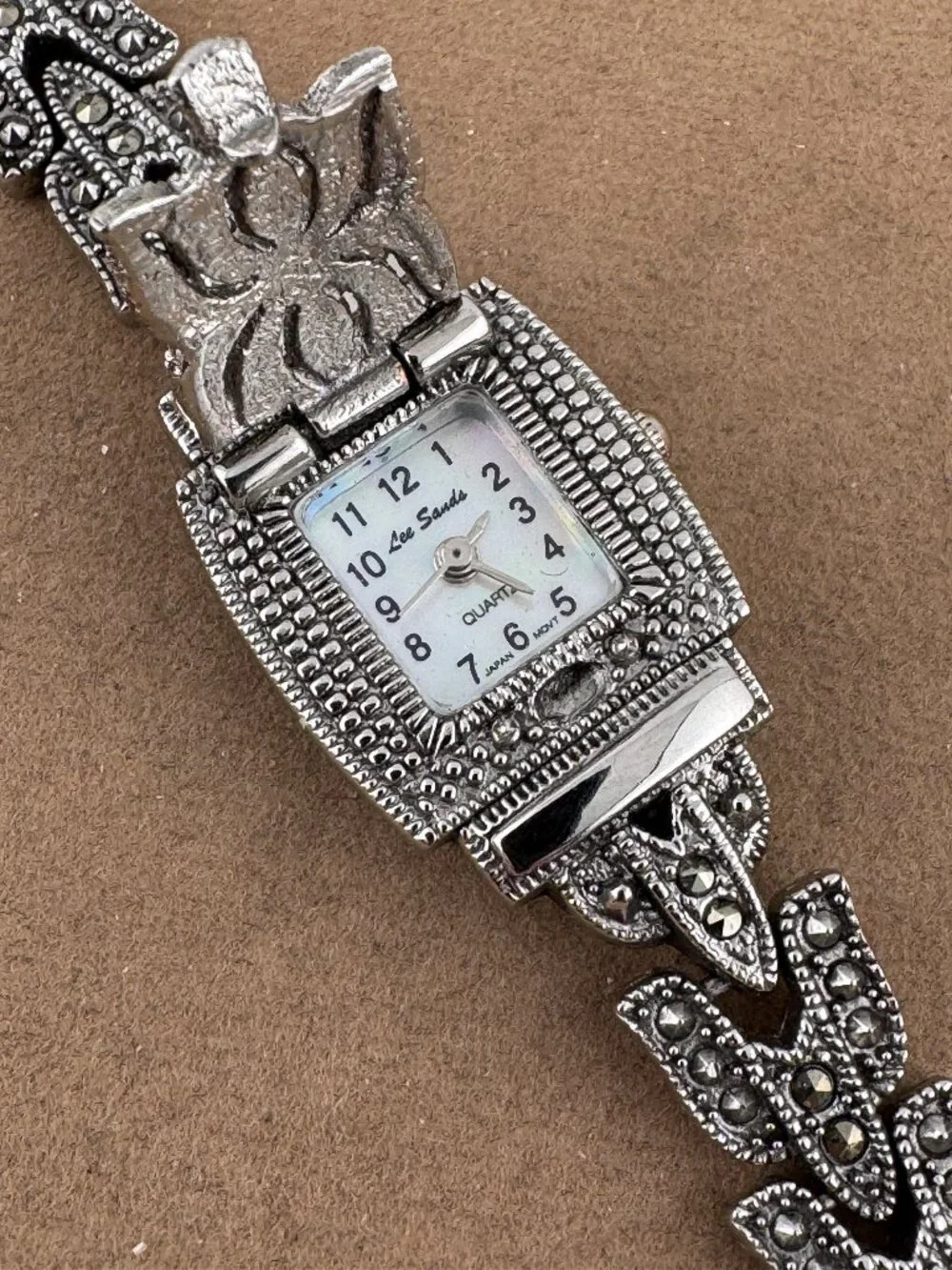 Vintage Lee Sands Flip Top Bracelet Marcasite Quartz Silver Tone Watch.